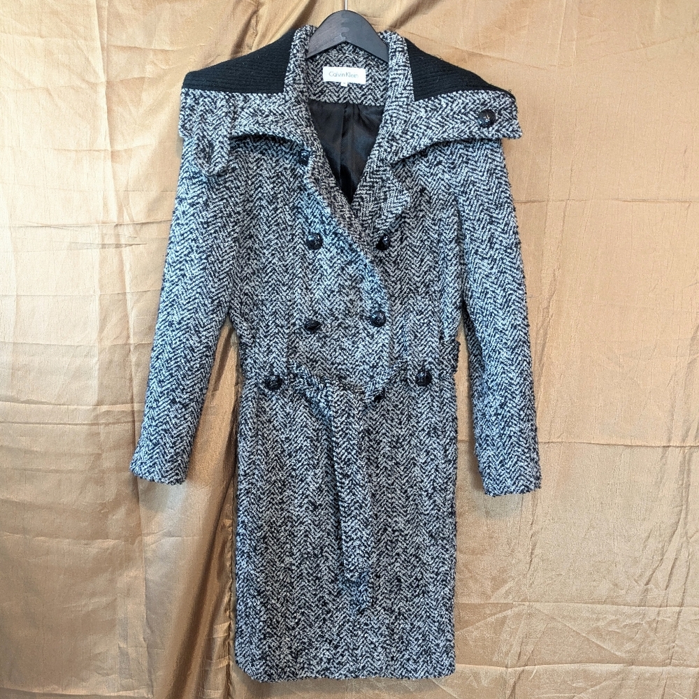 Calvin Klein Black & White Herringbone Double-Breasted Trench Coat